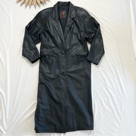 Vintage GIII Leather Long Black Button Front Trench Matrix Coat Size Small